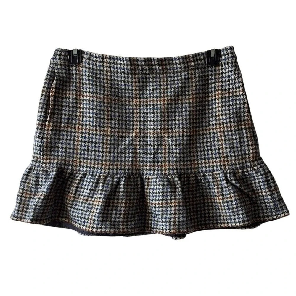 NWOT J.Crew Plus 14 Houndstooth Ruffle Skirt 100% Wool W/Pockets Preppy Coastal‎ - Picture 3 of 8
